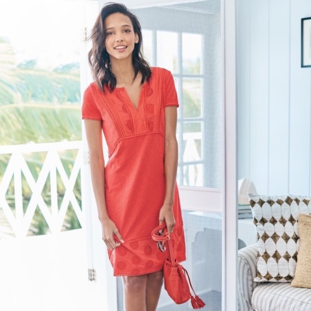 Boden Coral Red Embroidered Short-Sleeve Shift Dress